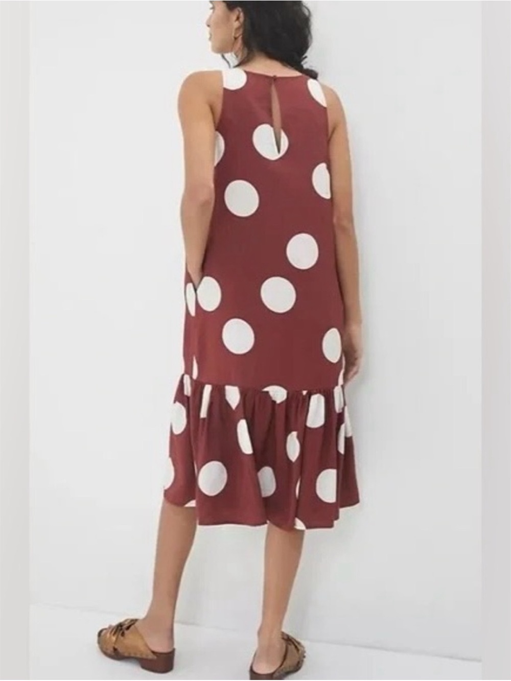 Anthropologie Michaela Flounced Polka Dot Midi Dress Brown Size Medium - Picture 9 of 10
